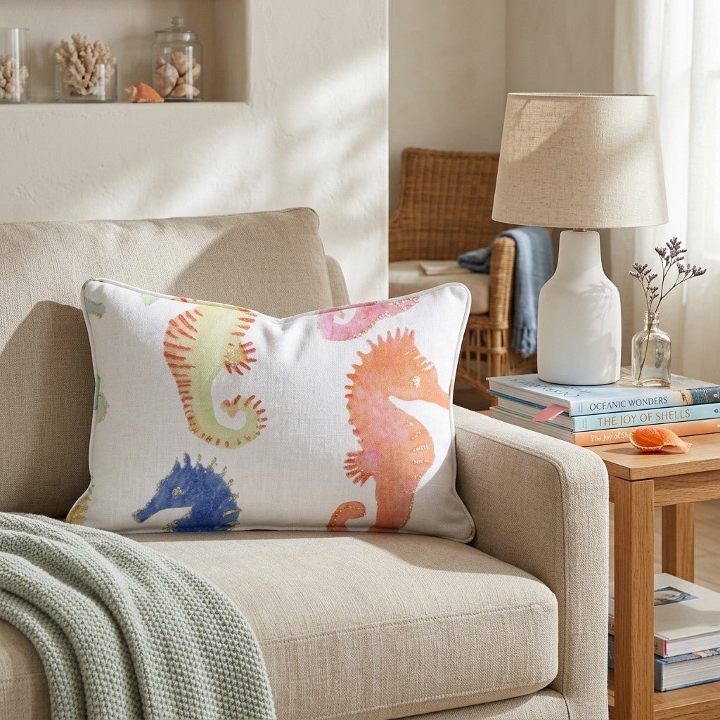 Seahorse Stamp Throw Pillow - Hillcroft Home