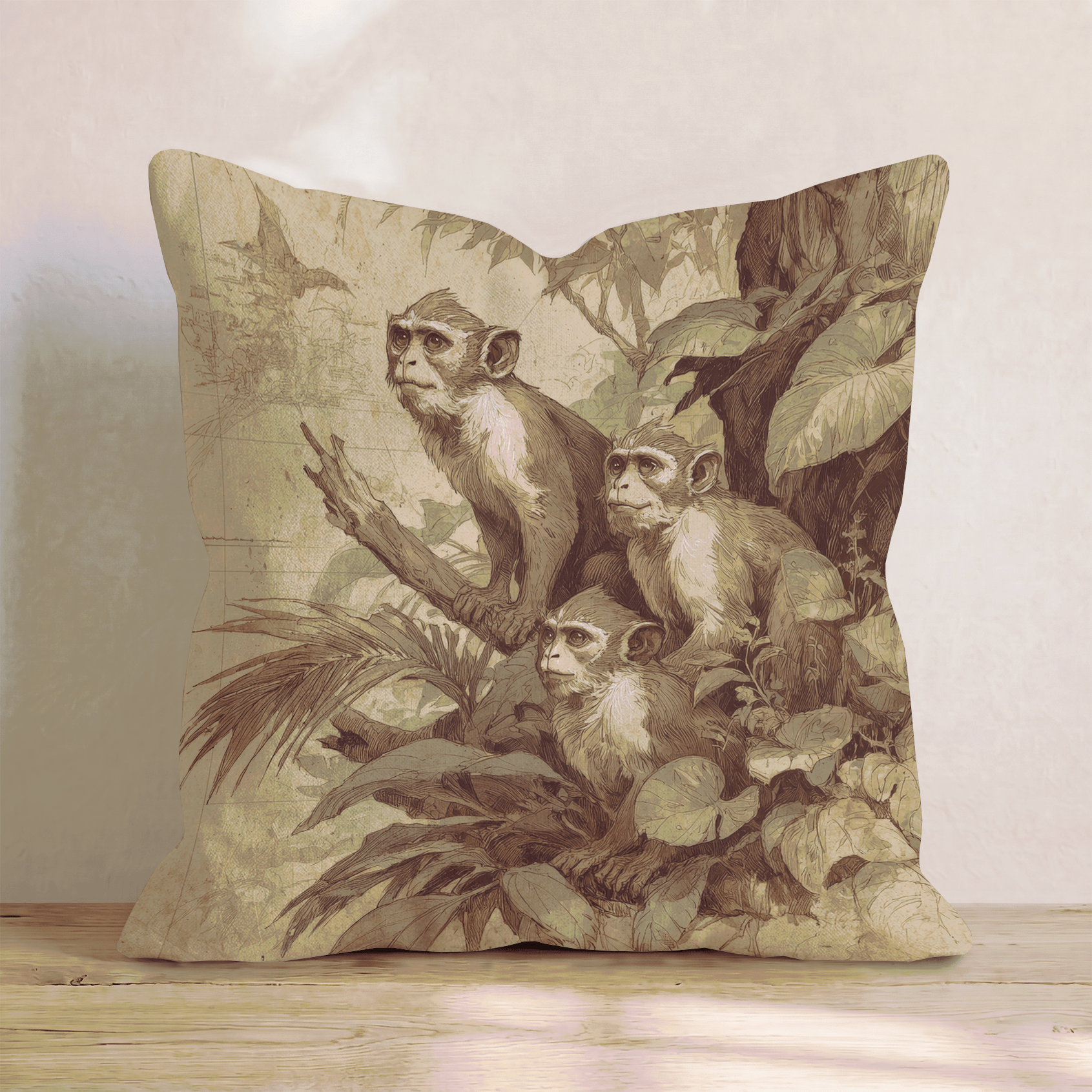Sepia Jungle Monkeys Throw Pillow - Hillcroft Home