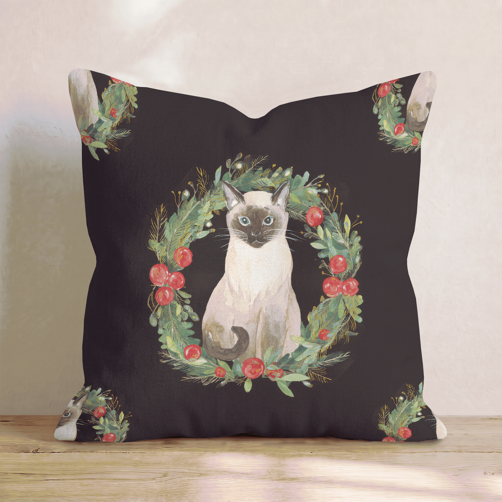 Siamese Berry Wreath Throw Pillow - Hillcroft Home