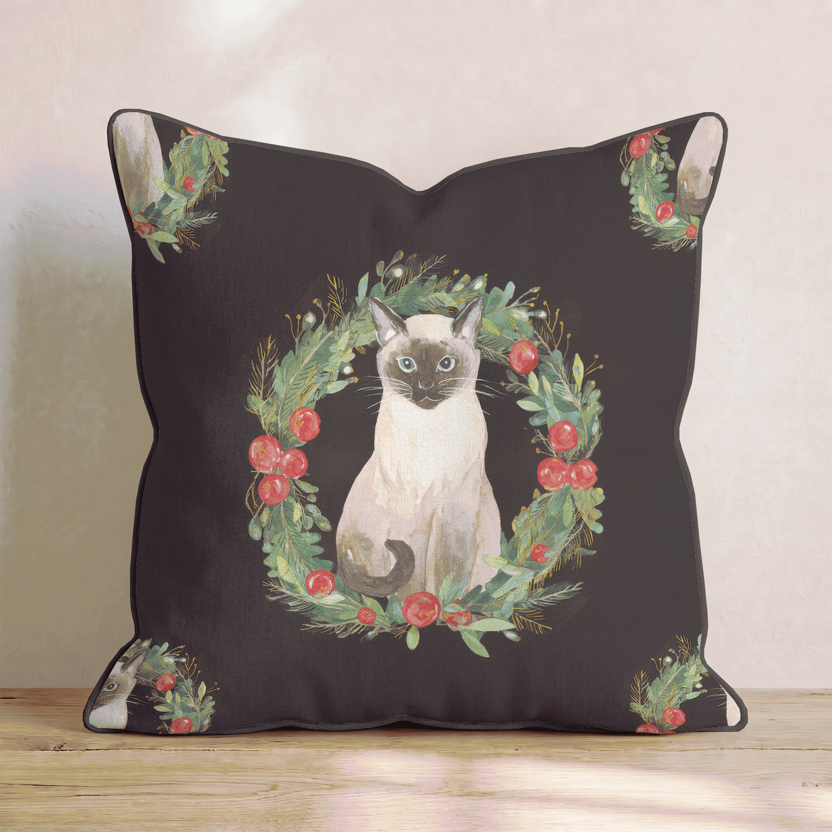 Siamese Berry Wreath Throw Pillow - Hillcroft Home