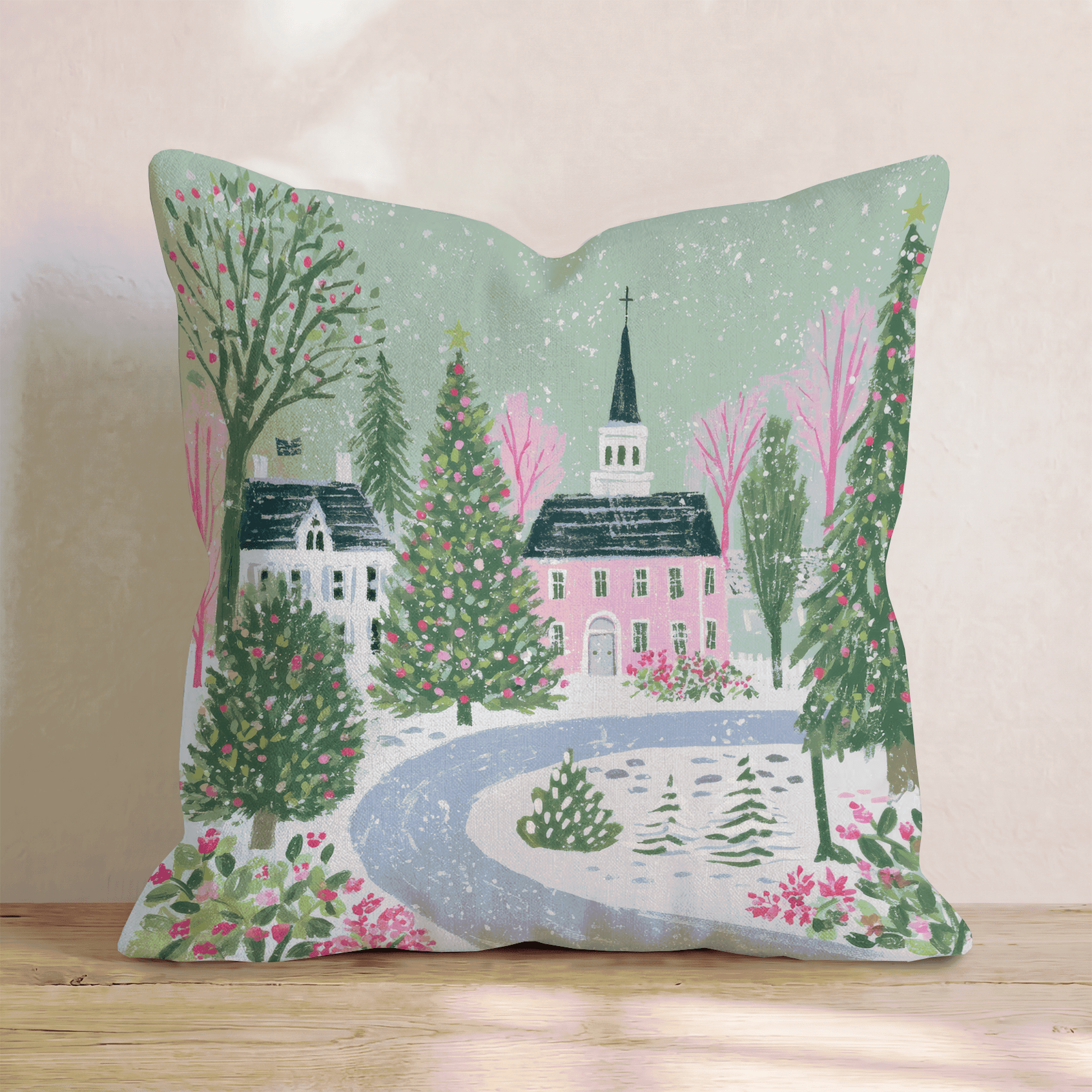 Snowy Chapel Village Throw Pillow - Hillcroft Home