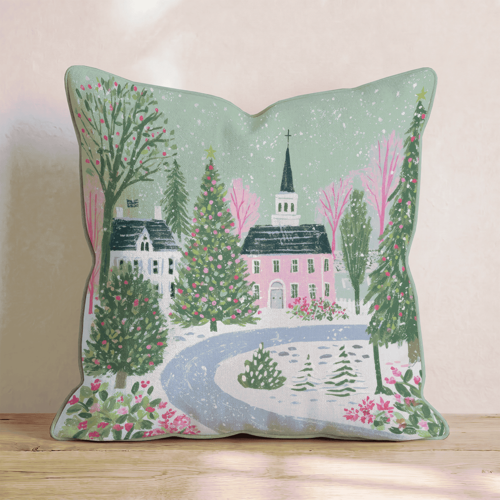 Snowy Chapel Village Throw Pillow - Hillcroft Home