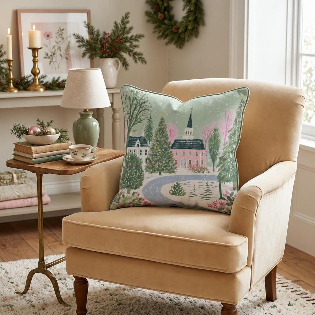 Snowy Chapel Village Throw Pillow throw pillow - Hillcroft Home