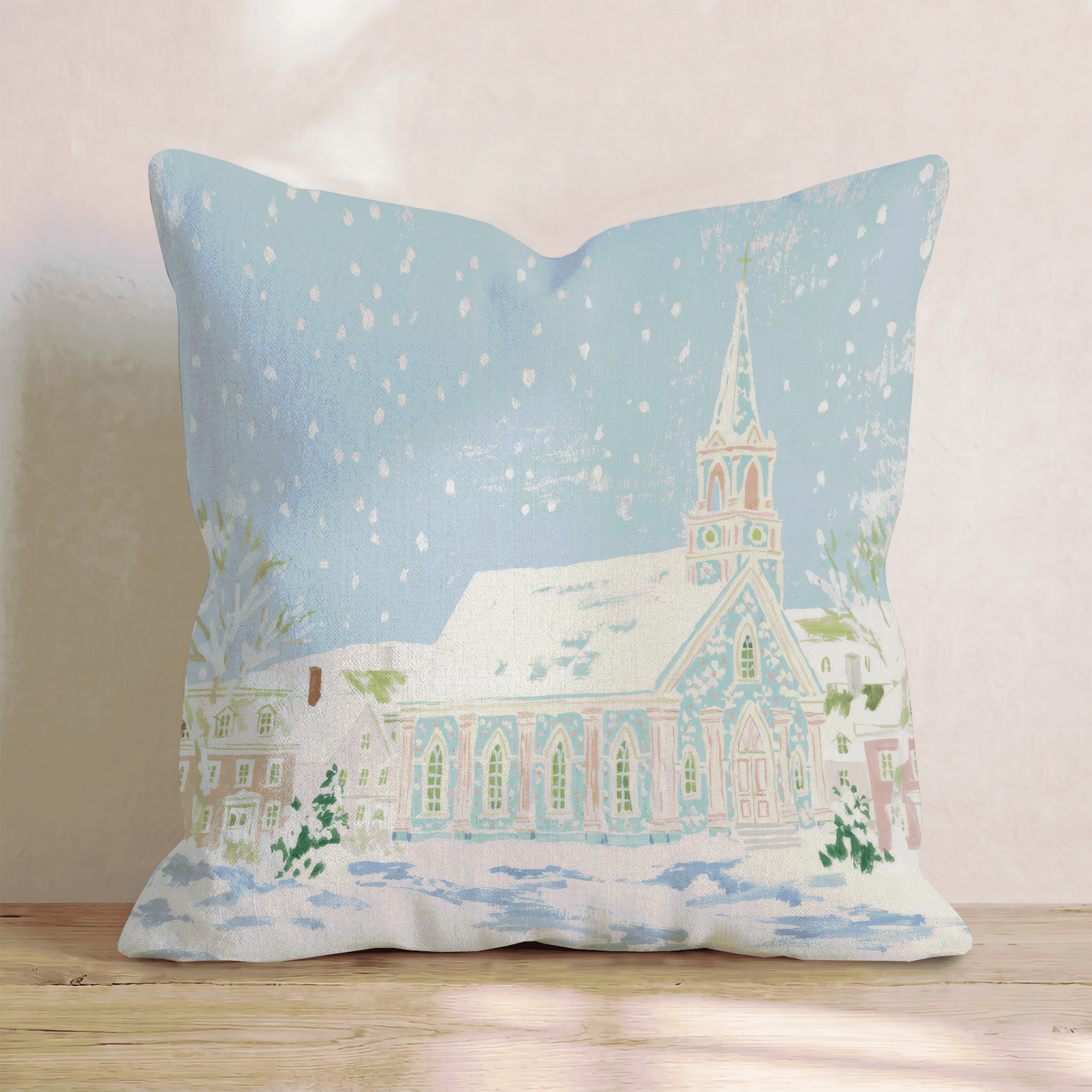 Snowy Christmas Church Throw Pillow - Hillcroft Home