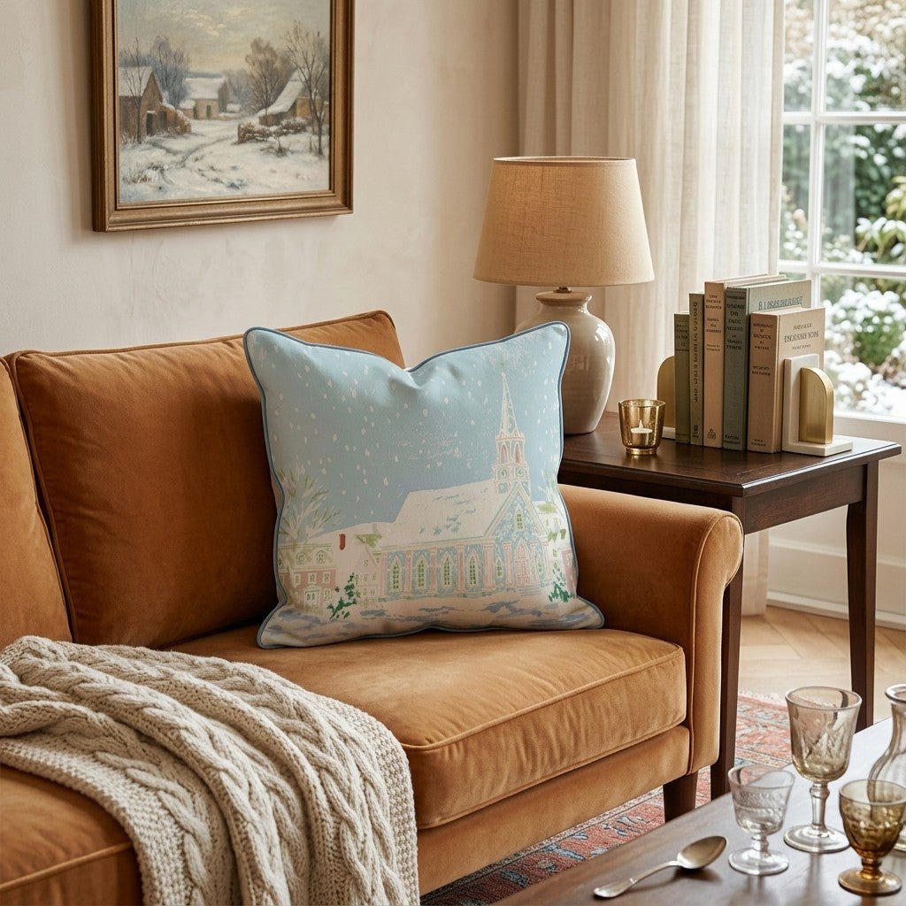 Snowy Christmas Church Throw Pillow - Hillcroft Home