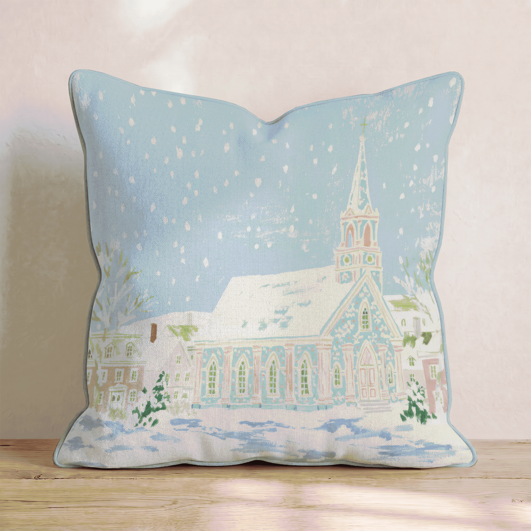 Snowy Christmas Church Throw Pillow - Hillcroft Home