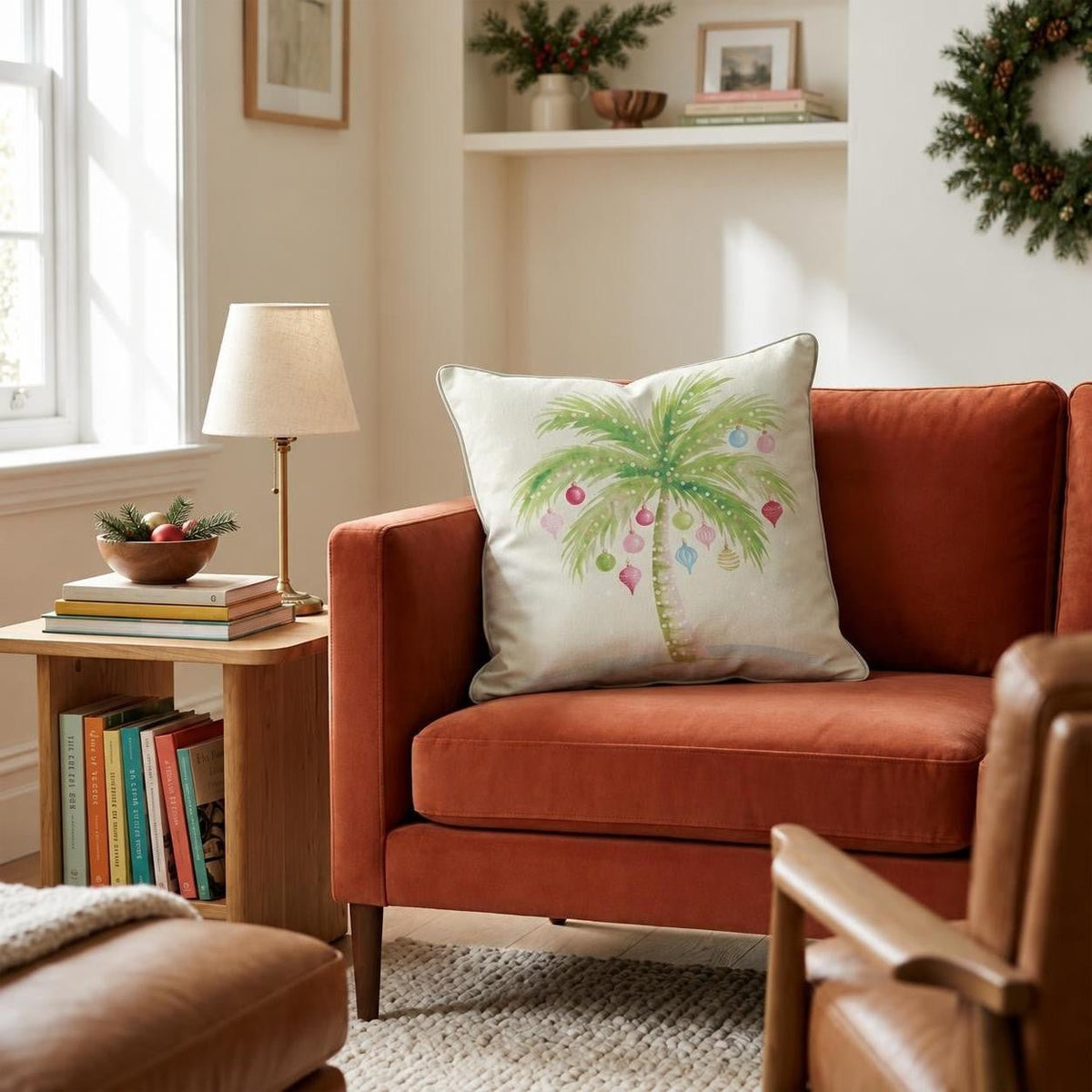 Snowy Palm Ornaments Throw Pillow throw pillow - Hillcroft Home