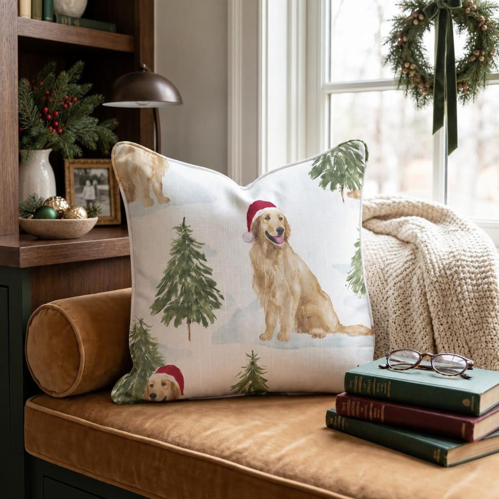Snowy Pine Golden Retriever Throw Pillow throw pillow - Hillcroft Home