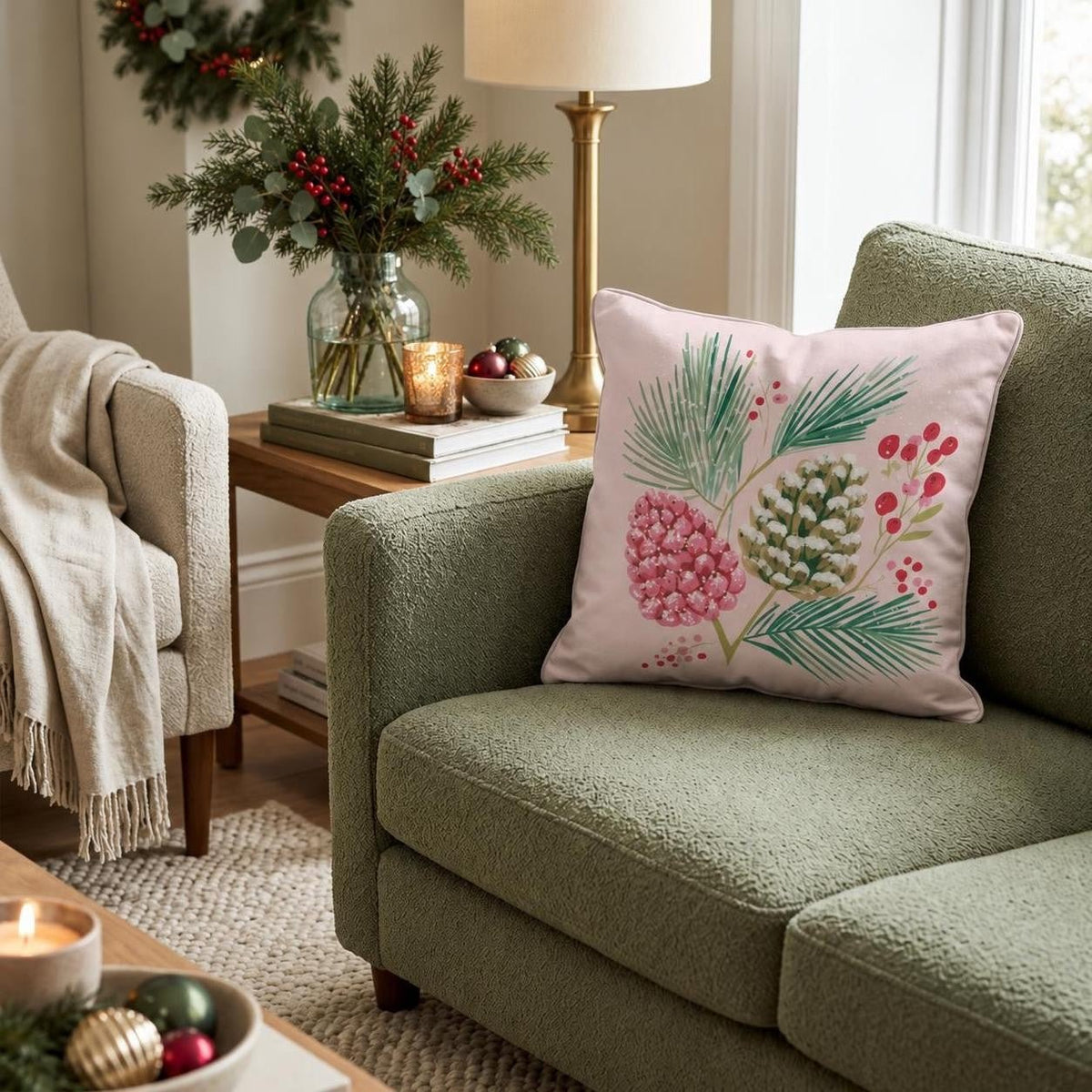 Snowy Pinecone Berries Throw Pillow throw pillow - Hillcroft Home
