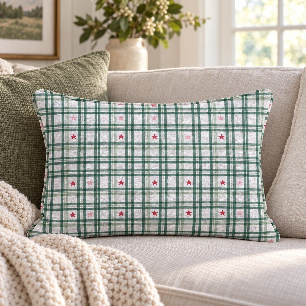 Snowy Star Check Throw Pillow throw pillow - Hillcroft Home