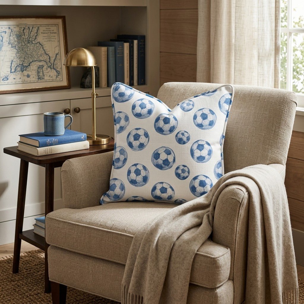 Soccer Balls Blue Throw Pillow - Hillcroft Home