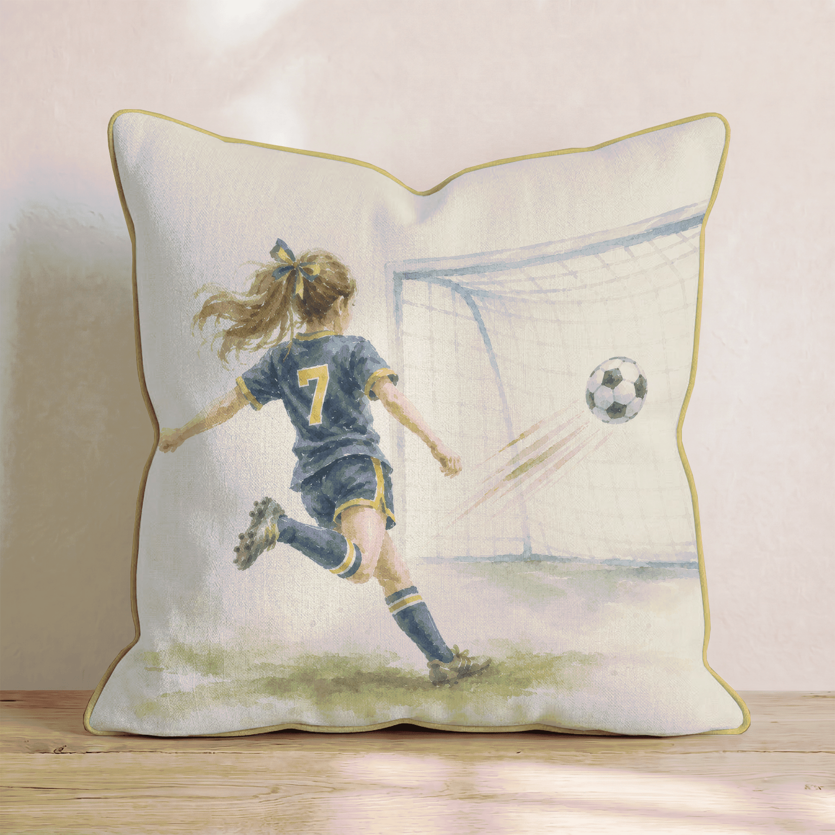 Soccer Player in Blue and Gold Throw Pillow - Hillcroft Home