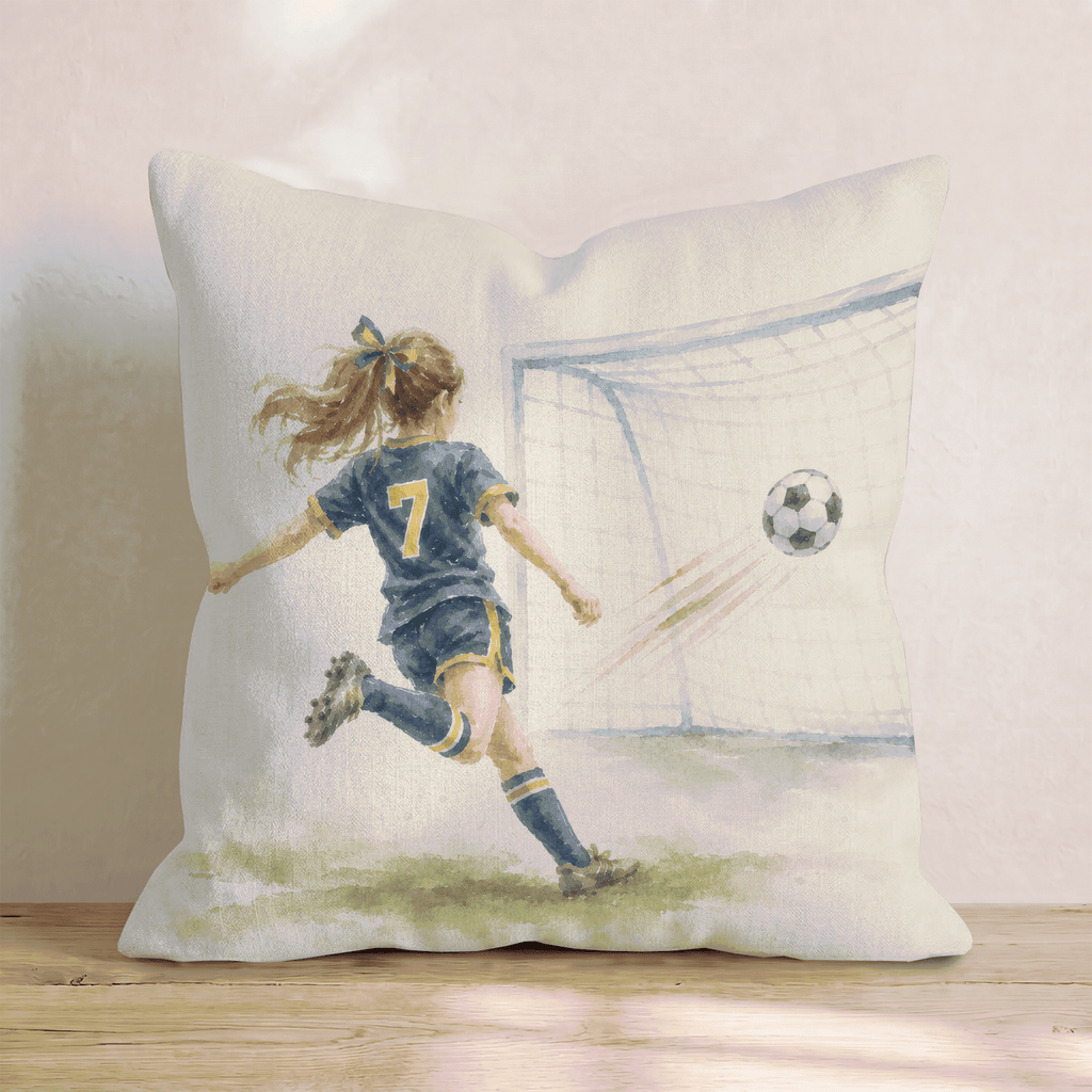 Soccer Player in Blue and Gold Throw Pillow - Hillcroft Home