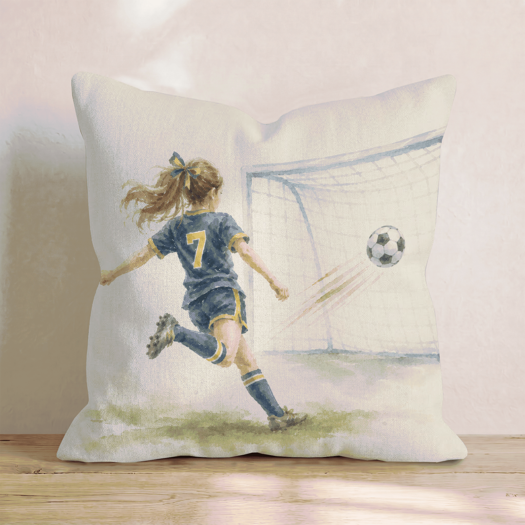 Soccer Player in Blue and Gold Throw Pillow - Hillcroft Home