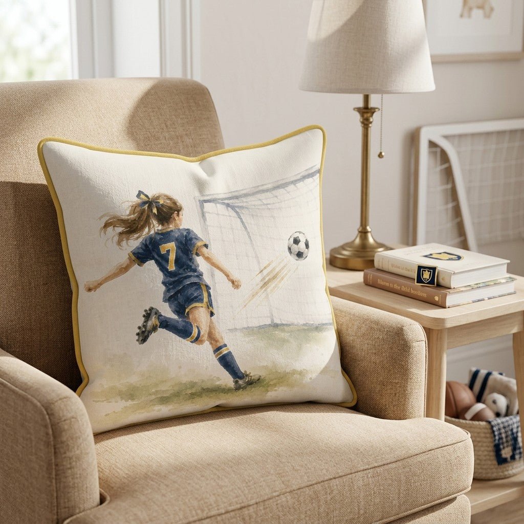 Soccer Player in Blue and Gold Throw Pillow - Hillcroft Home