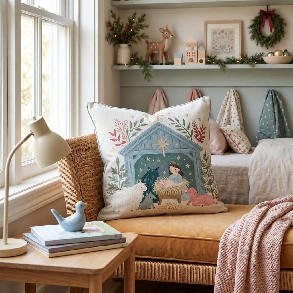 Starlit Manger Scene Throw Pillow throw pillow - Hillcroft Home