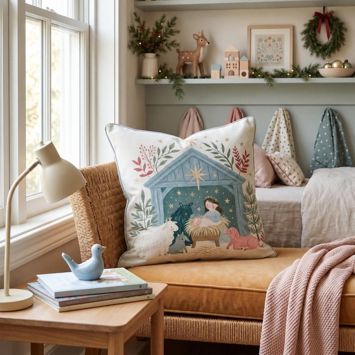 Starlit Manger Scene Throw Pillow throw pillow - Hillcroft Home