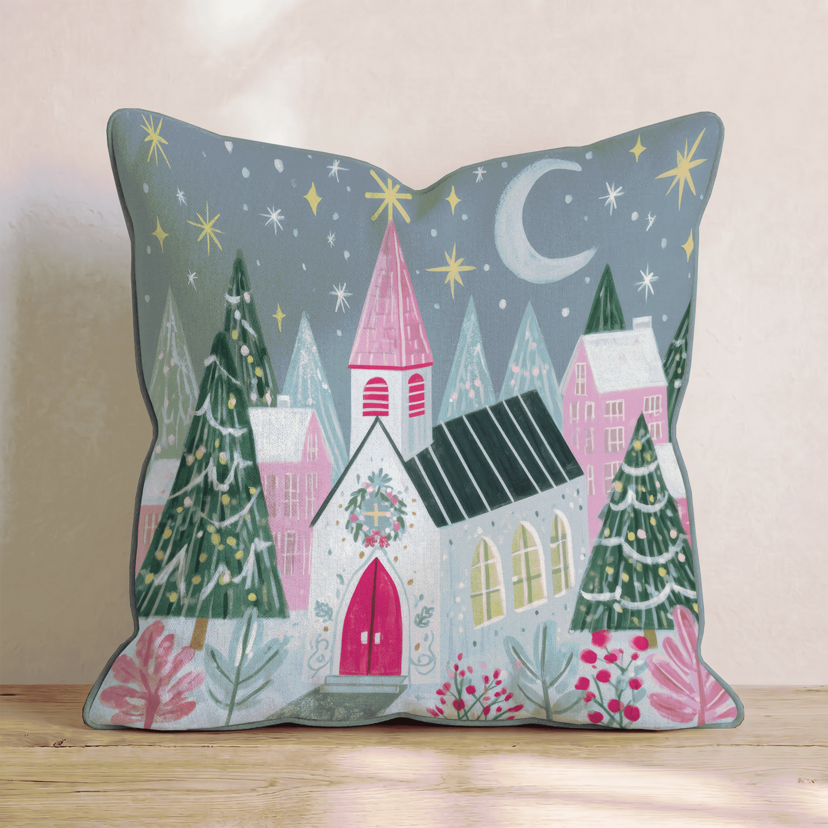 Starry Chapel Village Throw Pillow - Hillcroft Home