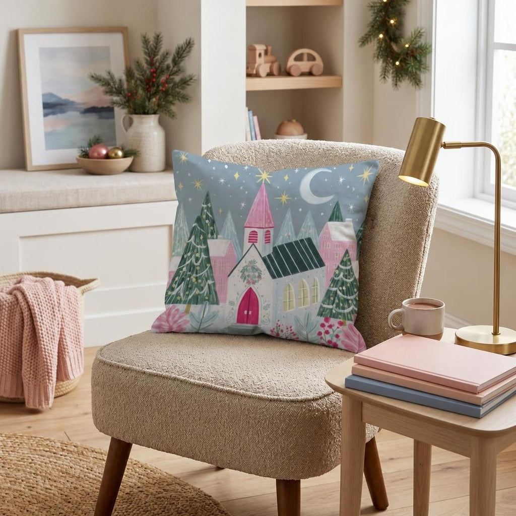 Starry Chapel Village Throw Pillow throw pillow - Hillcroft Home