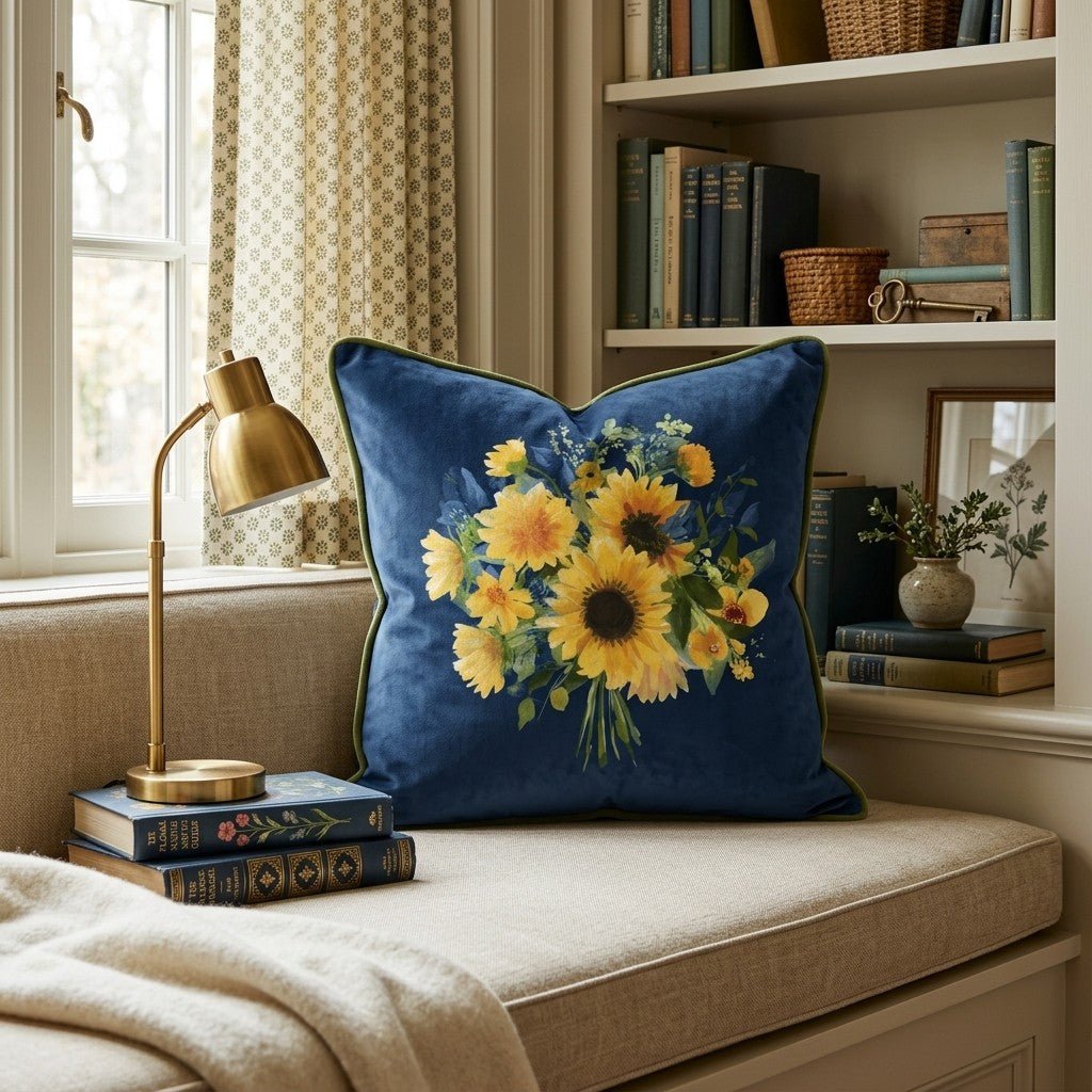 Sunflower Bouquet on Navy Throw Pillow - Hillcroft Home