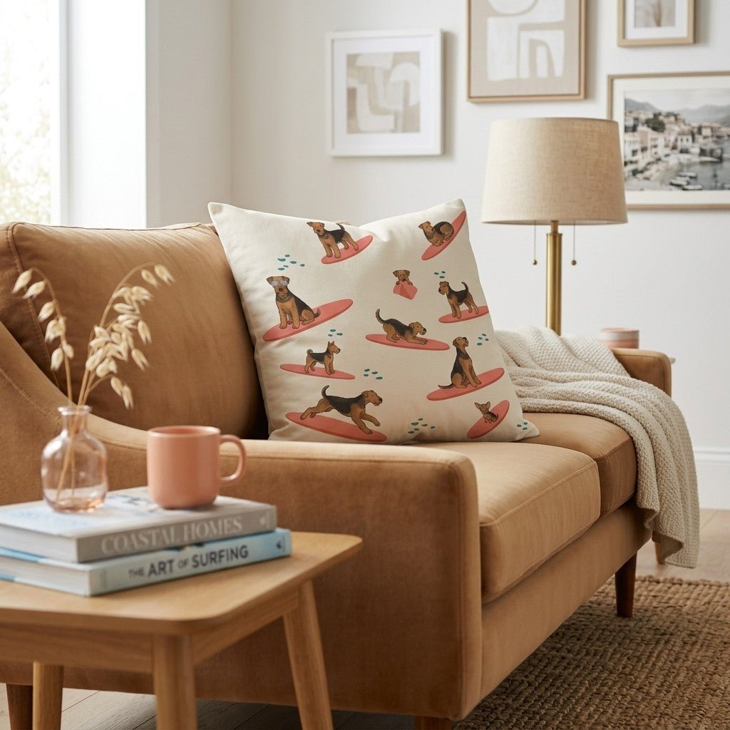 Surf's Up Airedale Terrier Throw Pillow - Hillcroft Home