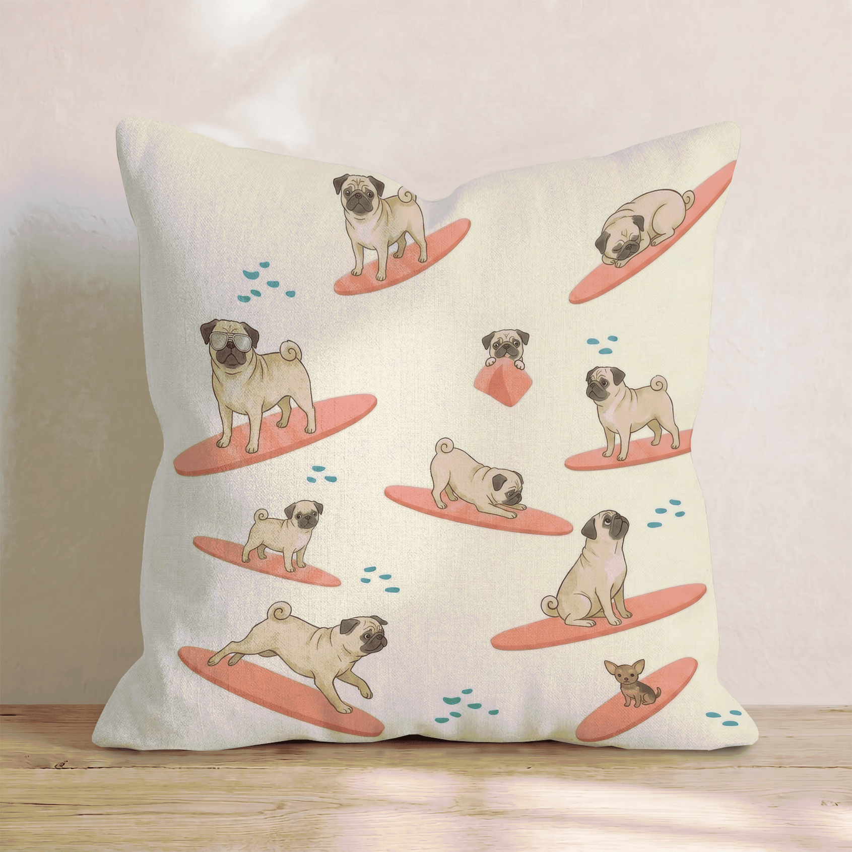 Surf's Up Pug Throw Pillow - Hillcroft Home