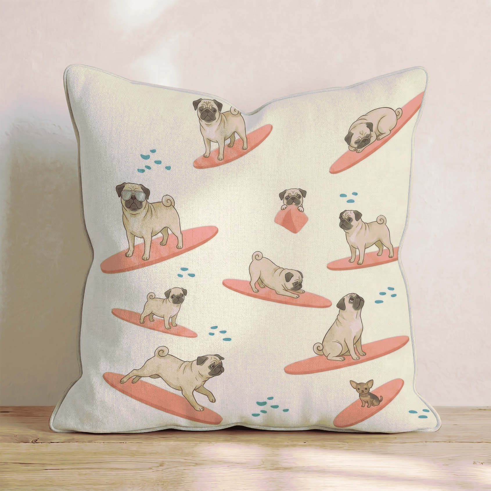 Surf's Up Pug Throw Pillow - Hillcroft Home