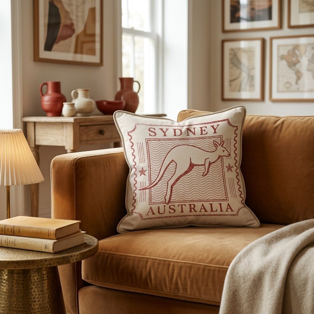 Sydney Travel Stamp Throw Pillow - Hillcroft Home