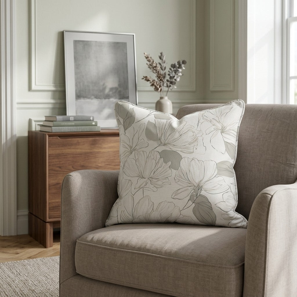 A beige linen blend armchair topped with the Hillcroft Home Hillcroft x Lemon Park - Tangled Throw Pillow sits beside a wooden side table arranged with books, a framed photo, and a vase of dried branches in a softly lit, elegant room.