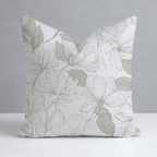 The Hillcroft x Lemon Park - Tangled Throw Pillow by Hillcroft Home is a square pillow with a white background, adorned with a delicate floral pattern in soft gray and green tones. Expertly crafted in the USA from a linen blend, this throw pillow features elegantly outlined flowers and leaves in light colors for a minimalist and refined design.