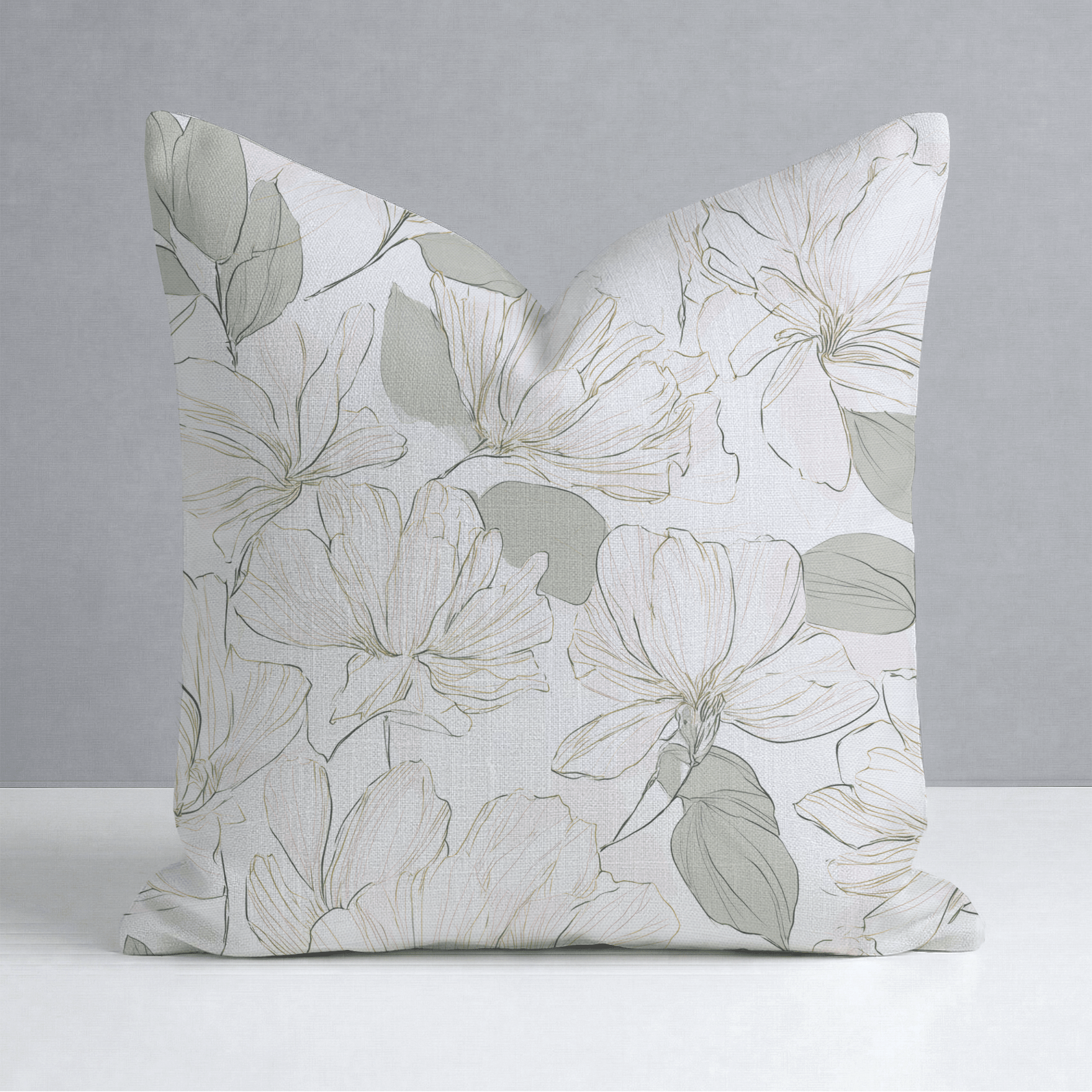 The Hillcroft x Lemon Park - Tangled Throw Pillow by Hillcroft Home is a square pillow with a white background, adorned with a delicate floral pattern in soft gray and green tones. Expertly crafted in the USA from a linen blend, this throw pillow features elegantly outlined flowers and leaves in light colors for a minimalist and refined design.