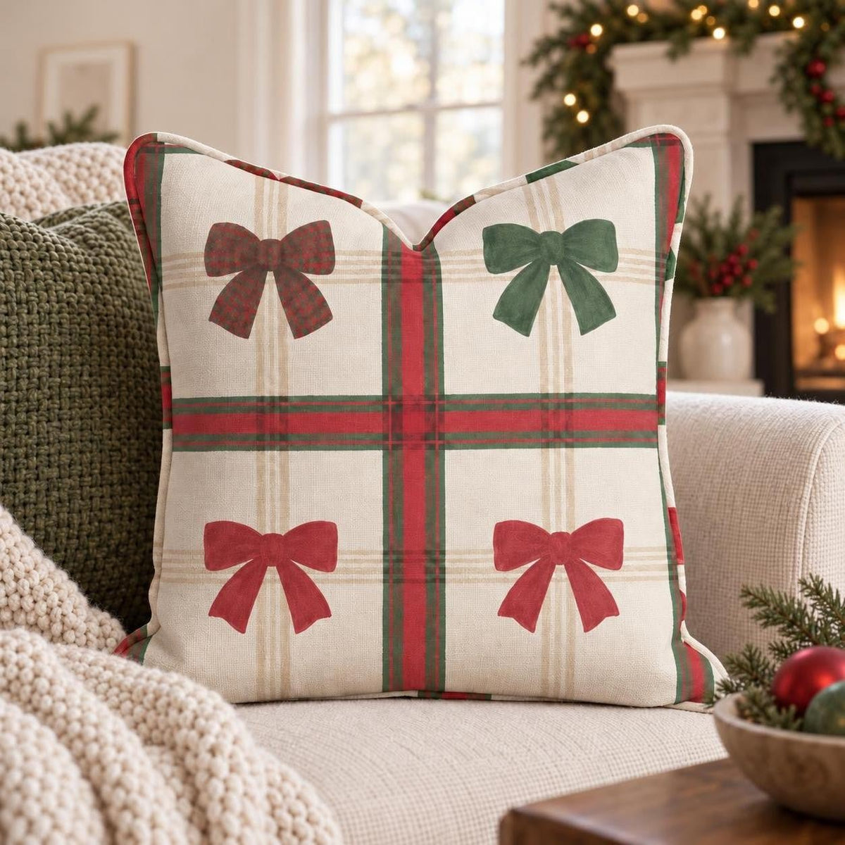 Tartan Bow Sampler Throw Pillow throw pillow - Hillcroft Home