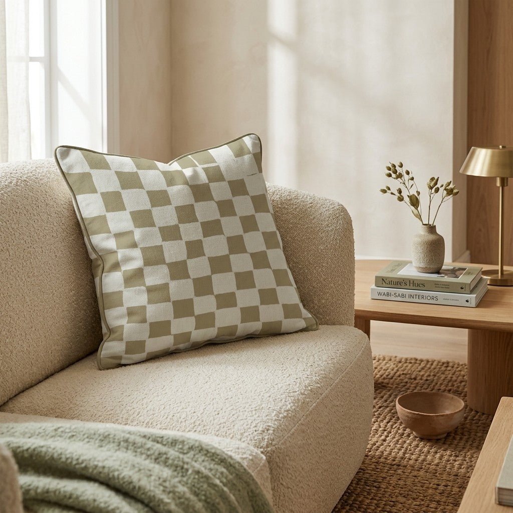 Taupe Cream Checker Throw Pillow - Hillcroft Home