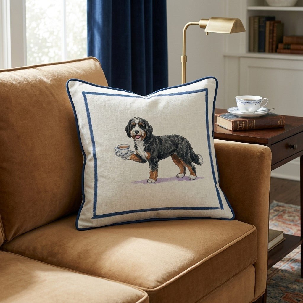 Tea Time Bernedoodle Throw Pillow - Hillcroft Home
