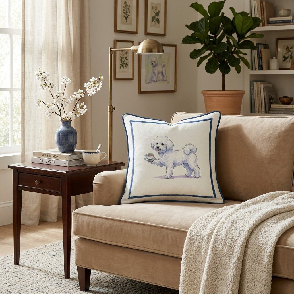 Tea Time Bichon Throw Pillow - Hillcroft Home