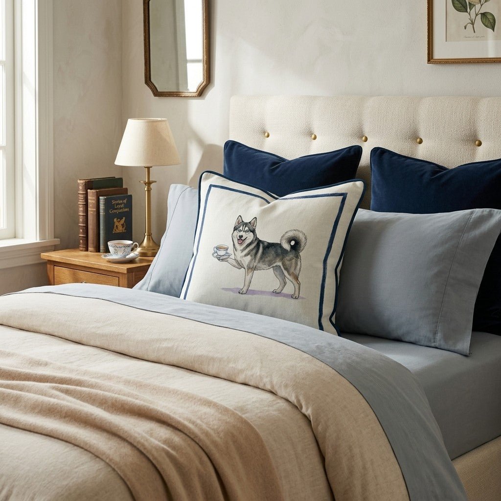 Tea Time Pomsky Throw Pillow - Hillcroft Home