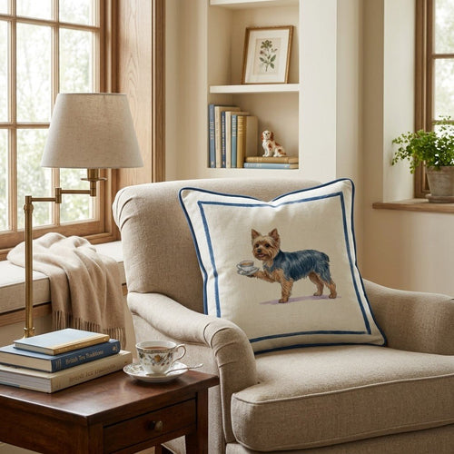 Tea Time Yorkie Throw Pillow - Hillcroft Home