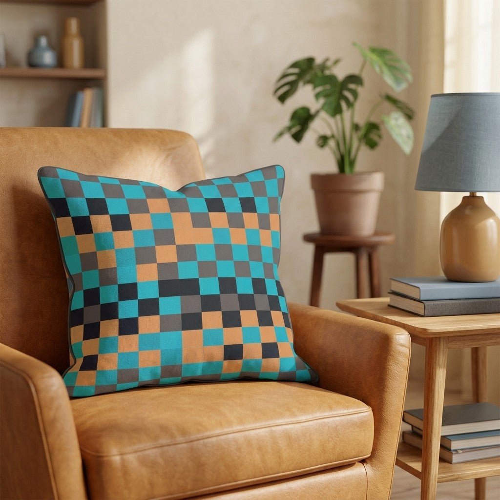 Teal Orange Dark Check Throw Pillow - Hillcroft Home