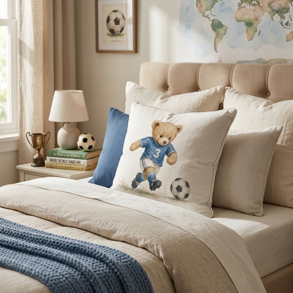 Teddy Bear Soccer Throw Pillow - Hillcroft Home