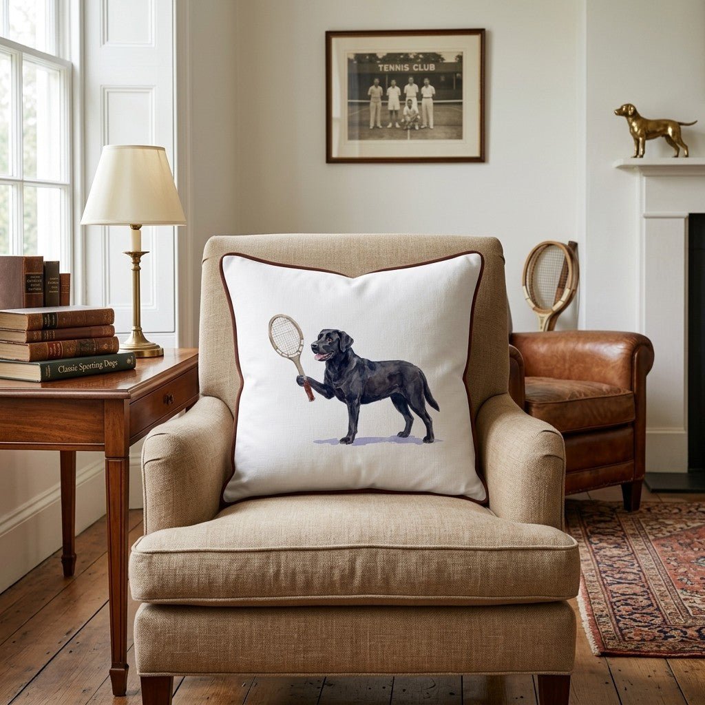 Tennis Black Lab Throw Pillow - Hillcroft Home