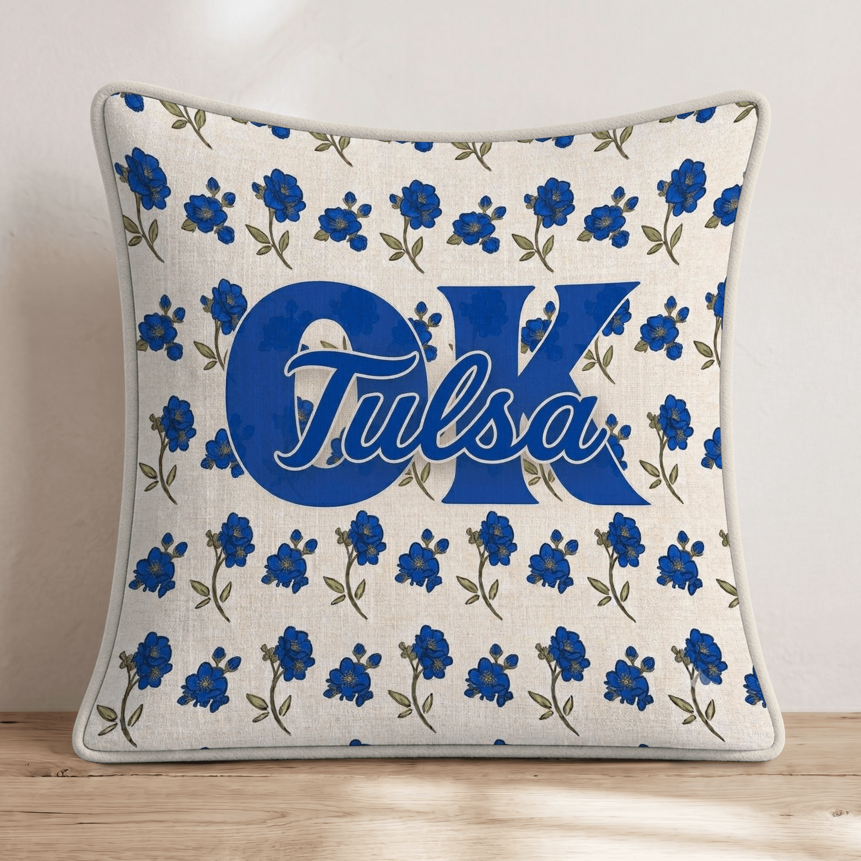 Tulsa OK Blue Floral Blooms Throw Pillow - Hillcroft Home