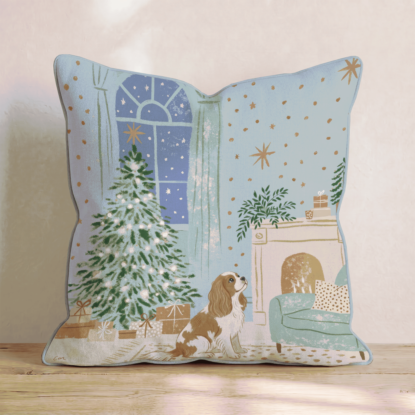 Twilight Fireside Cavalier King Charles Spaniel Throw Pillow - Hillcroft Home