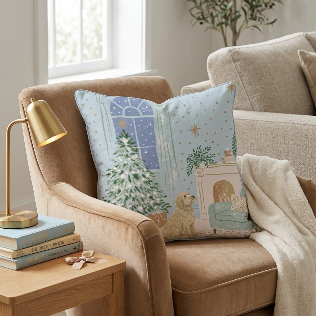 Twilight Fireside Goldendoodle Throw Pillow - Hillcroft Home