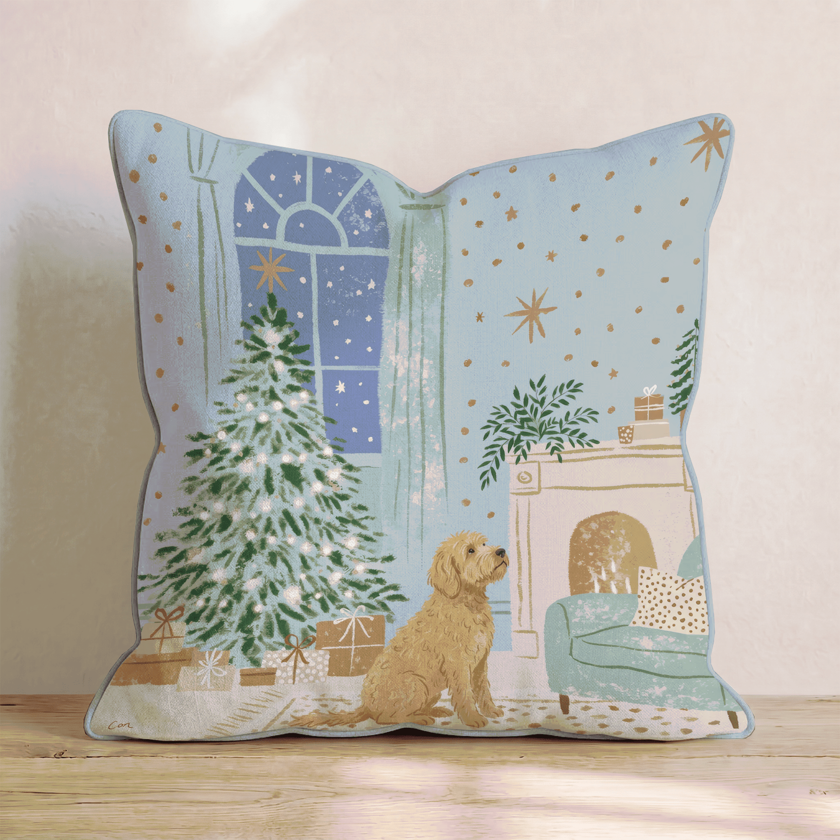Twilight Fireside Labradoodle Throw Pillow - Hillcroft Home