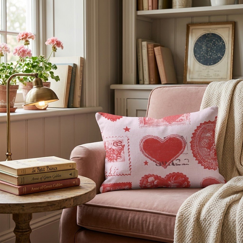 Valentines Stamps Throw Pillow - Hillcroft Home