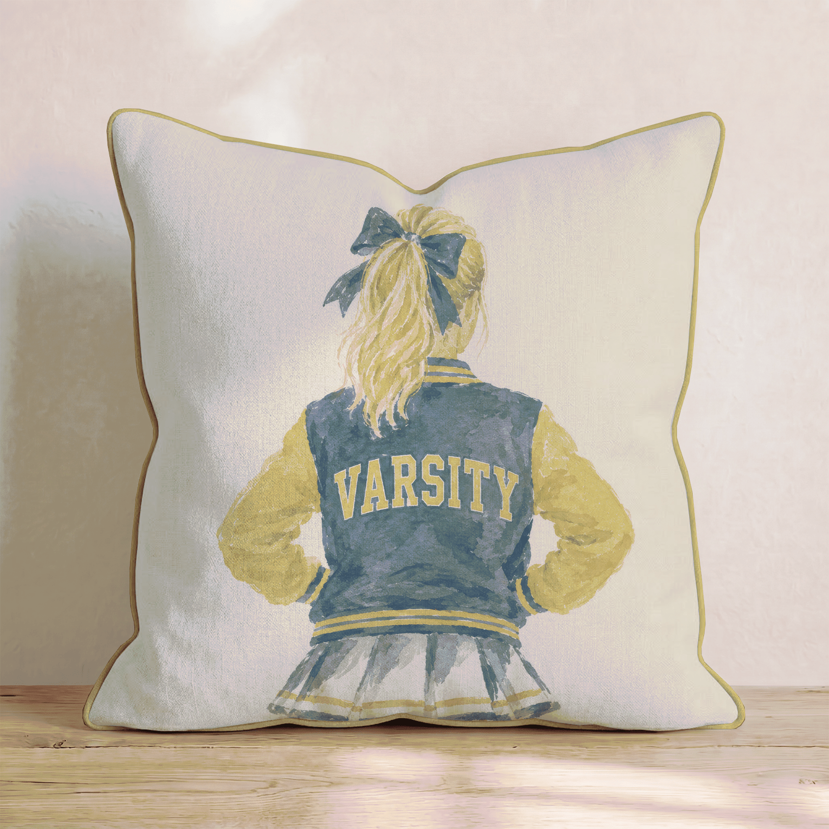Varsity Cheerleader in Blue and Gold Throw Pillow - Hillcroft Home