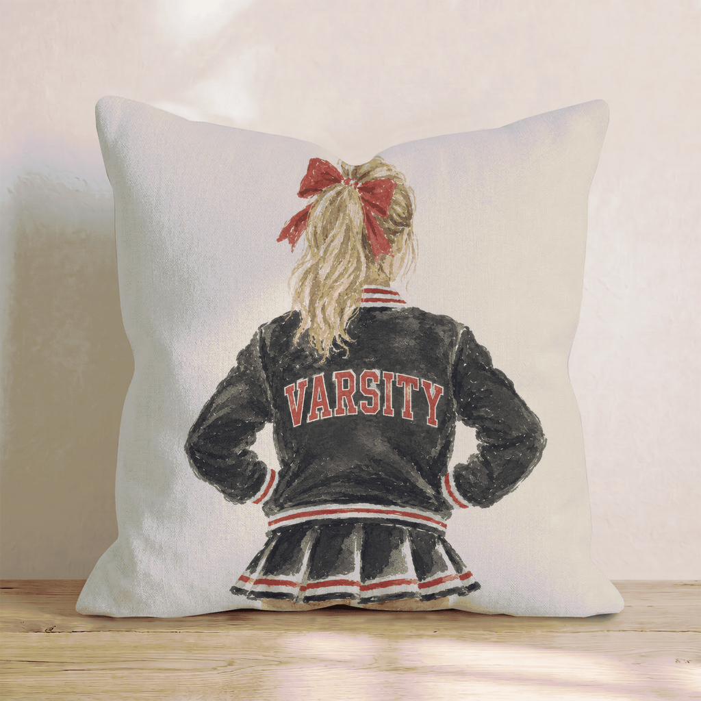 Varsity Cheerleader in Red and Black Throw Pillow - Hillcroft Home