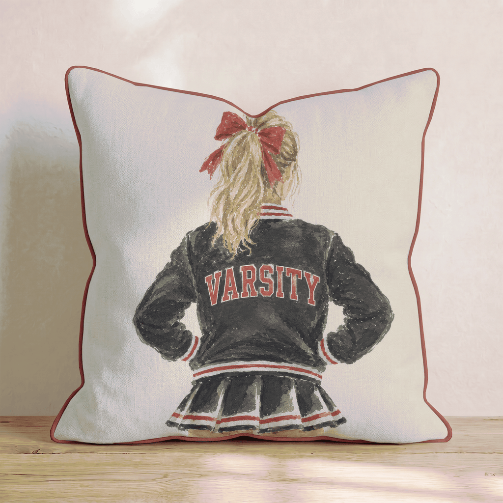 Varsity Cheerleader in Red and Black Throw Pillow - Hillcroft Home