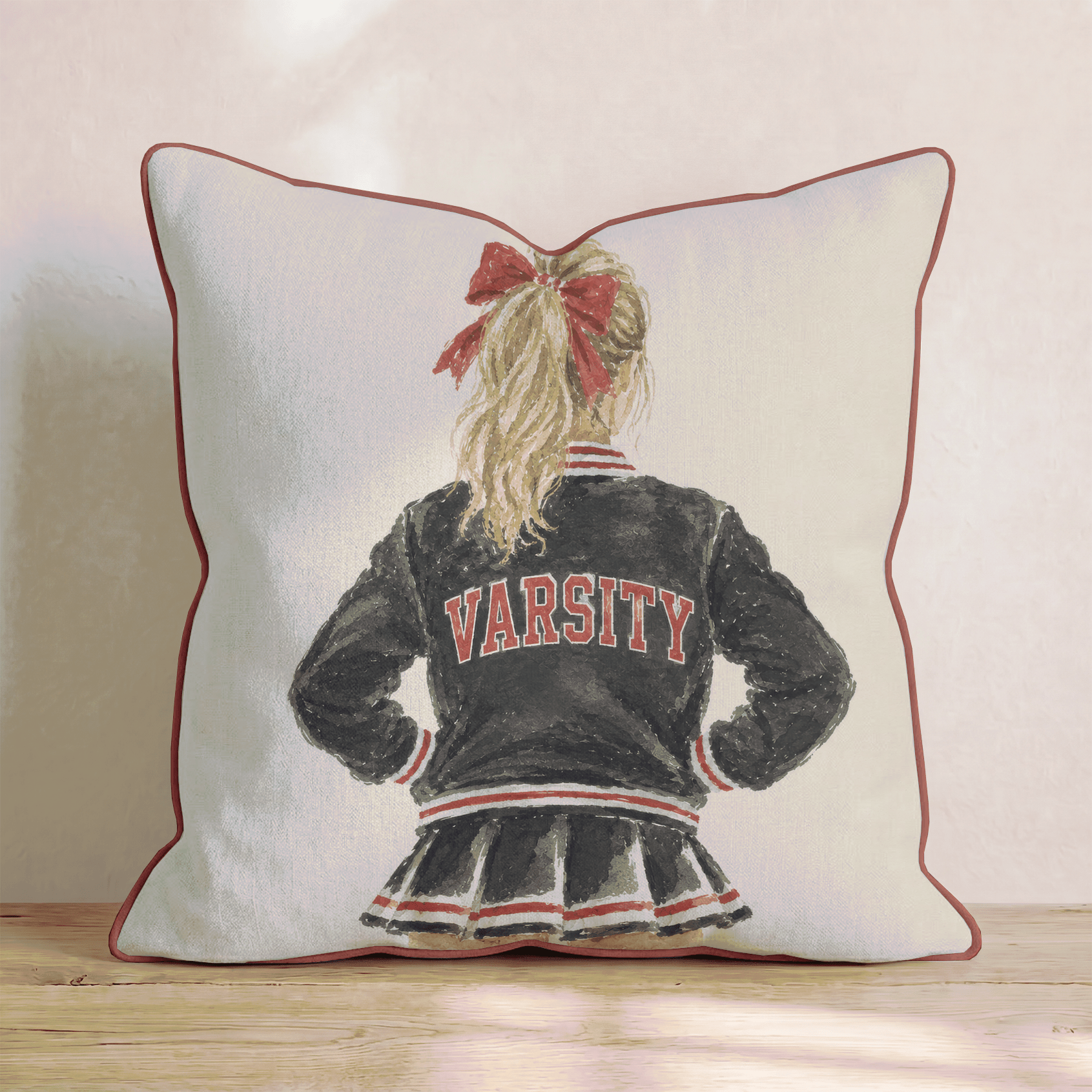 Varsity Cheerleader in Red and Black Throw Pillow - Hillcroft Home