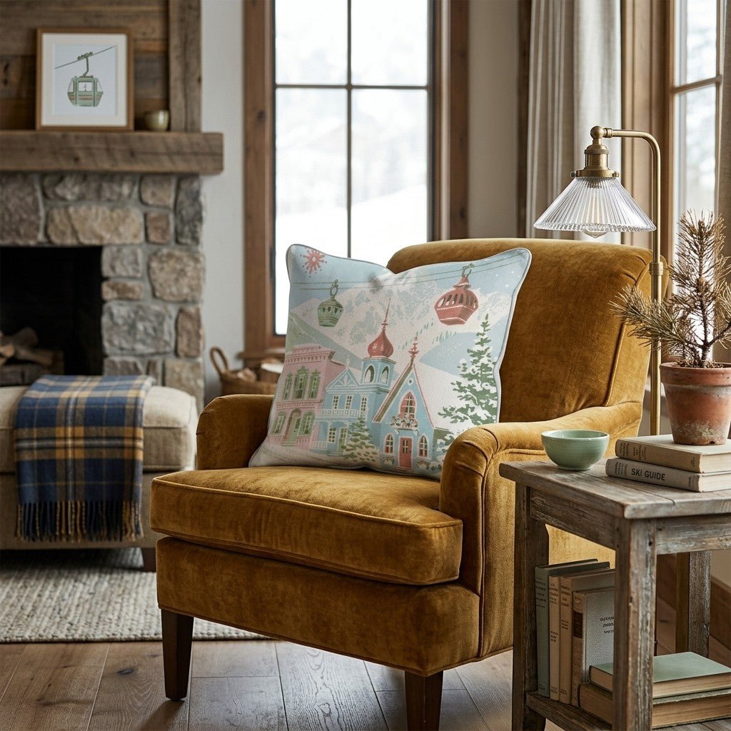 Vintage Alpine Tramway Throw Pillow - Hillcroft Home